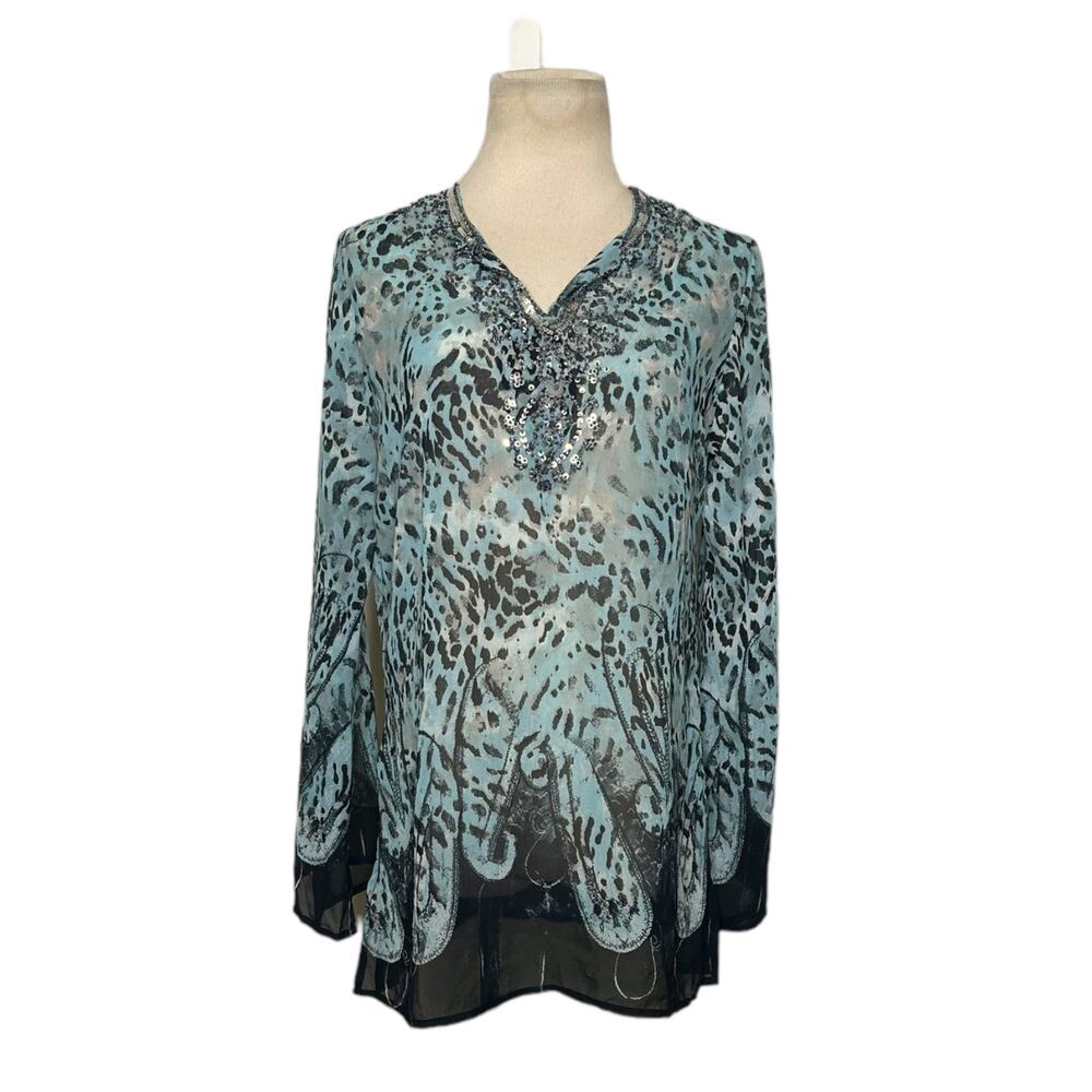 BLACK Saks Fifth Avenue animal print long sleeves sheer sequin tunic size Small